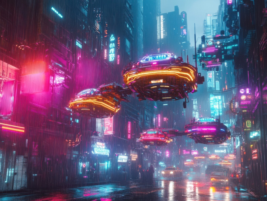 Hover taxis glide smoothly under a neon lit sky, their bright underlights cutting through the dense city fog, cyberpunk, cyberpunk red, cyberpunk pc