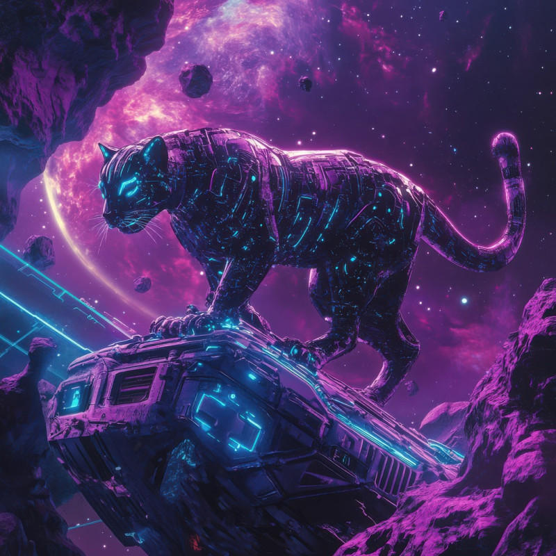 Bioluminescent space panther with glowing fur prowls on an asteroid under a neon lit sky, cosmic predator in an astropunk setting, blending sci fi and futuristic fantasy