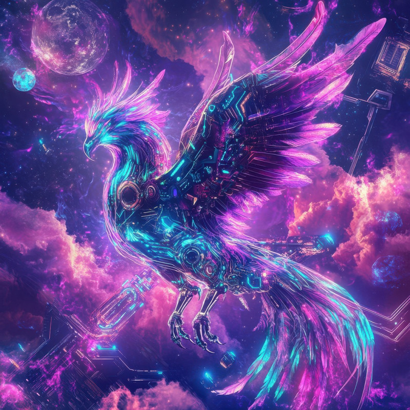 Cosmic phoenix with plasma like glow spreads fiery wings in deep space, radiant bird of rebirth shines in an astropunk universe, merging fire and energy in a futuristic scene