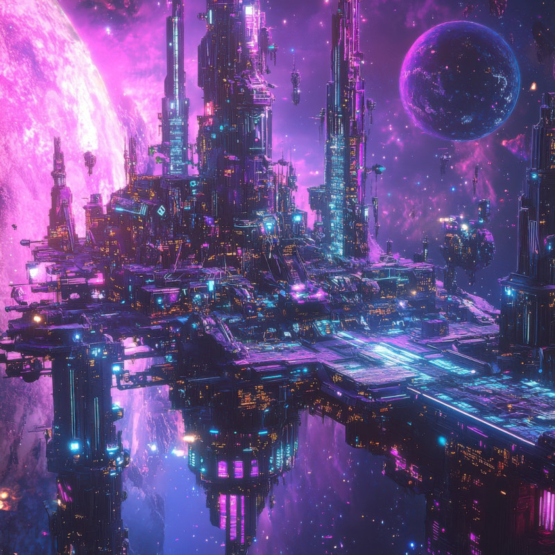 Floating star city with towering crystal spires glows under nebula light, futuristic metropolis in an astropunk world, blending advanced technology with cosmic beauty