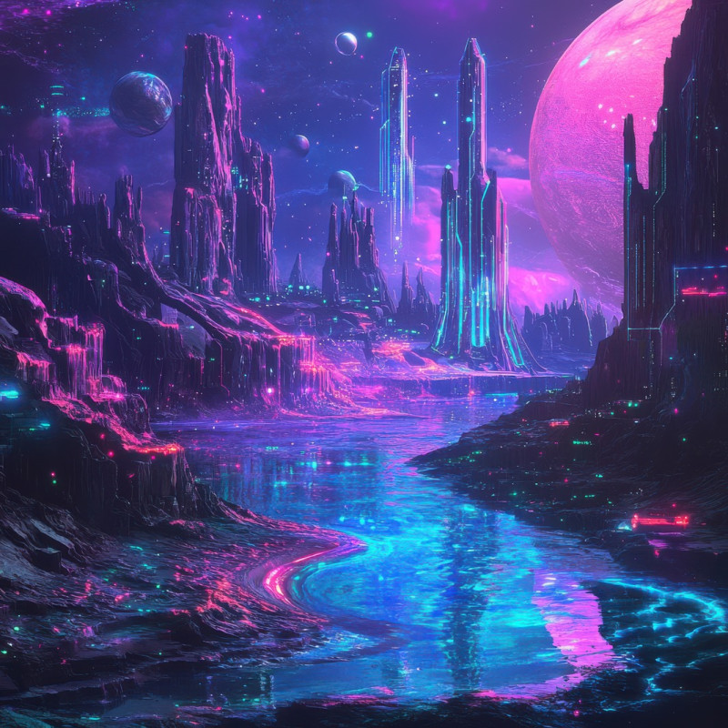 Alien shoreline with liquid metal waves reflects the starlit sky, futuristic coast in an astropunk universe, where extraterrestrial waters ripple with shifting metallic hues