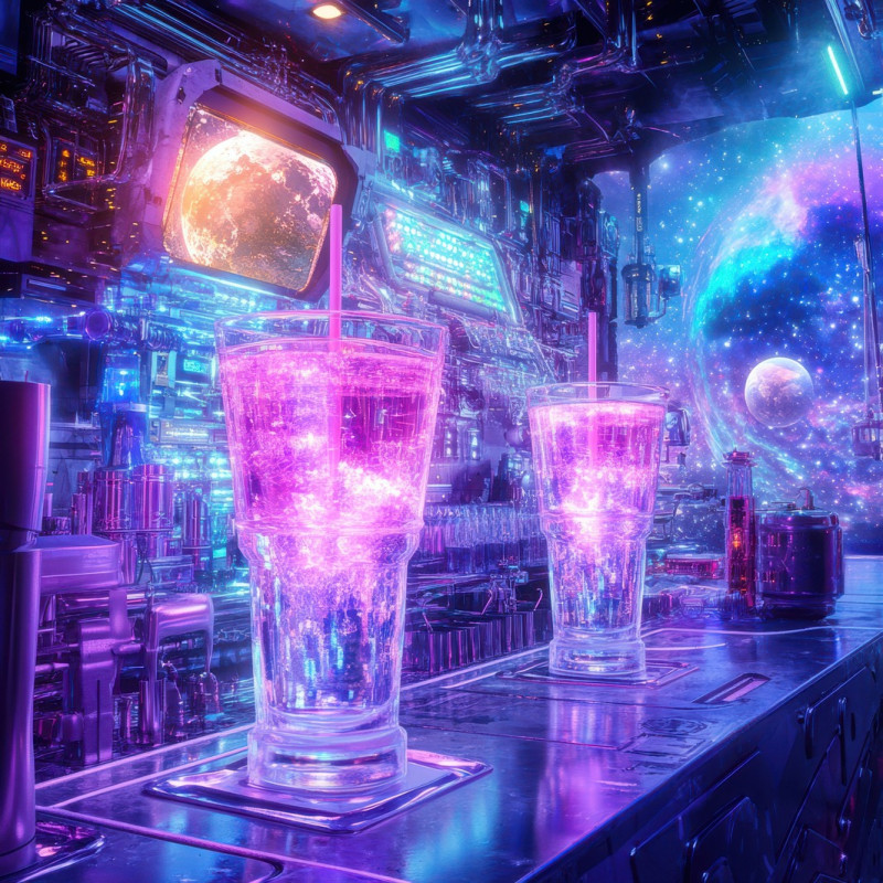 Anti grav cafÃ© with levitating tables serves glowing drinks to cosmic travelers, futuristic nightlife in an astropunk world, where gravity defying technology shapes social spaces