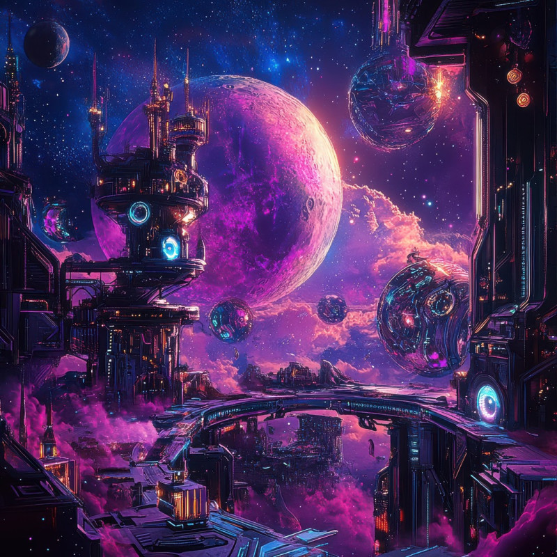 Galactic carnival under twin moons features glowing rides and holographic performers, a vibrant astropunk festival where cosmic wonders and futuristic entertainment collide