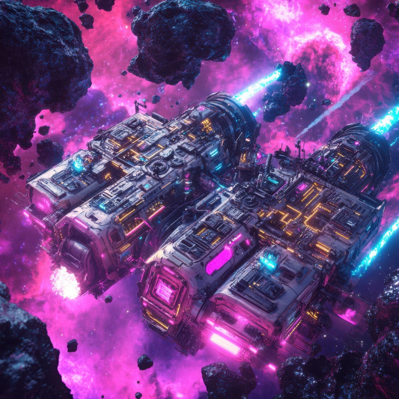 Asteroid mining rigs with plasma drills carve through floating rocks, futuristic space industry in an astropunk setting, where high tech extraction fuels interstellar progress