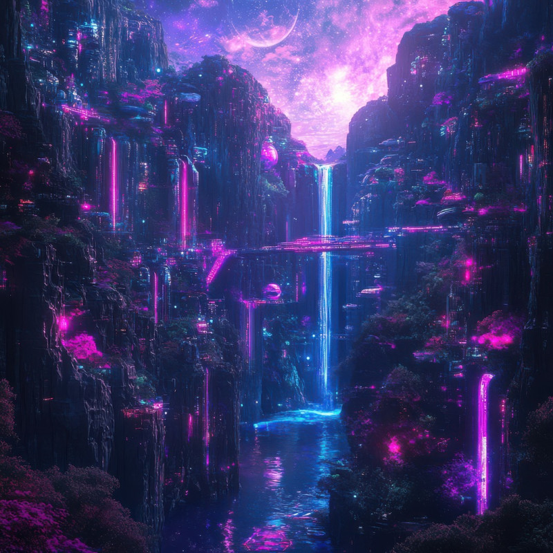 Nebula lit canyon with glowing flora pulsates with alien energy, futuristic landscape in an astropunk world, where exotic plants thrive under cosmic light in deep space