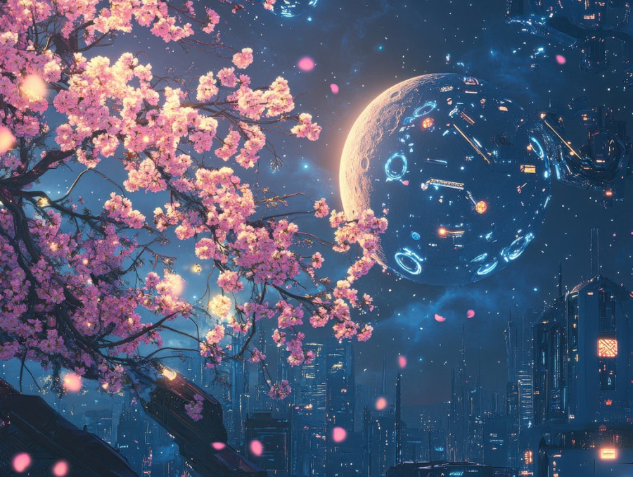 Moonlit cherry blossoms in ikebana arrangement, soft petals glowing under night sky, elegant ikebana vases with ikebana kenzan, peaceful japanese floral art concept