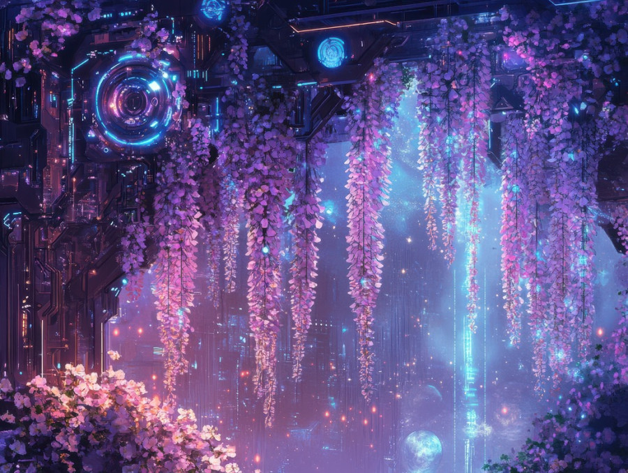 Cascading wisteria vines elegantly displayed in ikebana, soft purple flowers draping over ikebana vases with ikebana kenzan, delicate and artistic floral composition