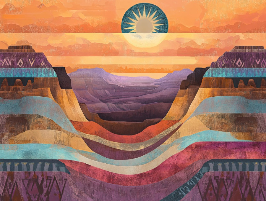 Golden sunrise over desert cliffs with a traditional kachina doll in view, symbolizing hopi kachinas and spiritual guardians, rugged landscape bathed in morning light