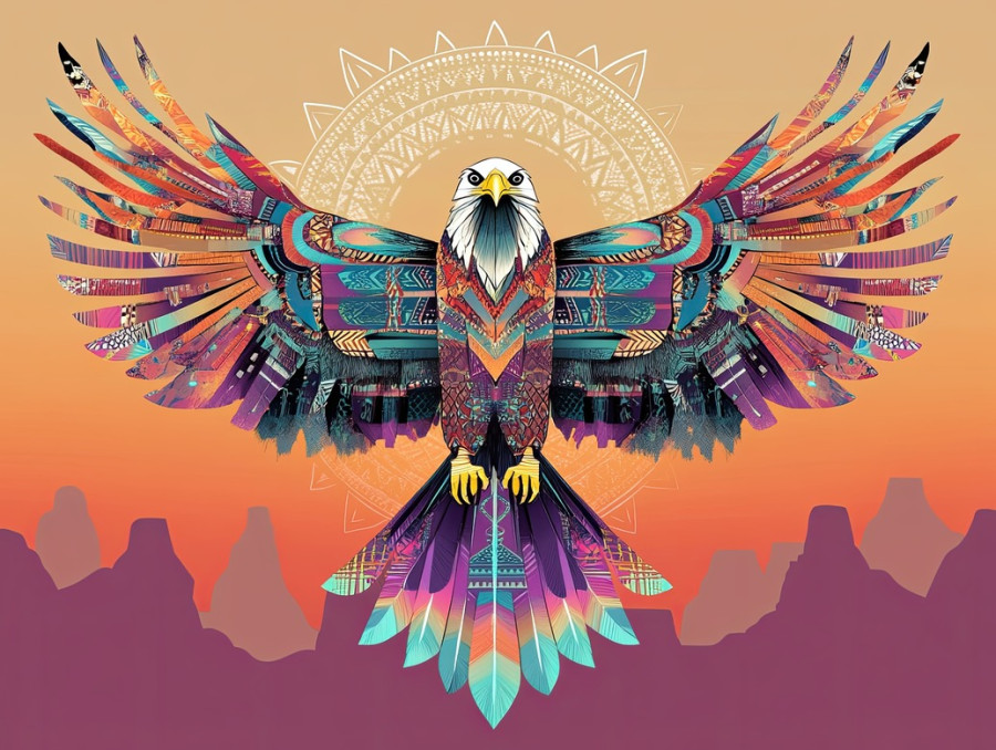 Majestic eagle soars above mesas with a kachina doll in the foreground, symbolizing hopi kachinas and spiritual connection, vast sky meets rugged desert landscape