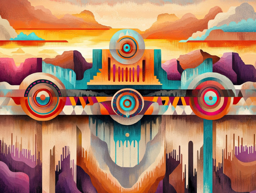 Dark thunderclouds roll over a deep canyon as a kachina doll stands nearby, representing hopi kachinas and nature’s power, lightning flashes in the stormy sky