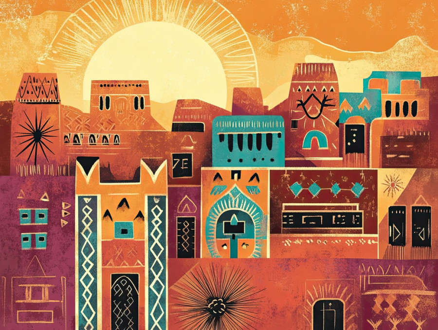 Hopi village at sunset with a kachina doll in view, reflecting hopi kachinas and cultural heritage, warm light glows over traditional adobe dwellings