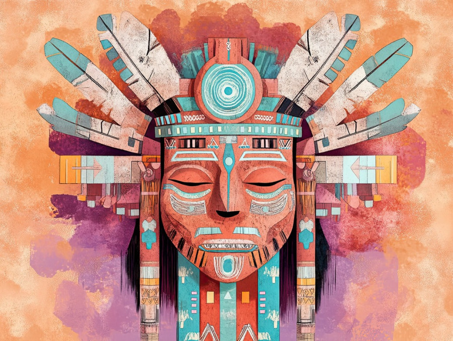 A shaman wearing a spirit mask holds a kachina doll, representing hopi kachinas and ancestral guidance, mysterious energy radiates under the twilight sky