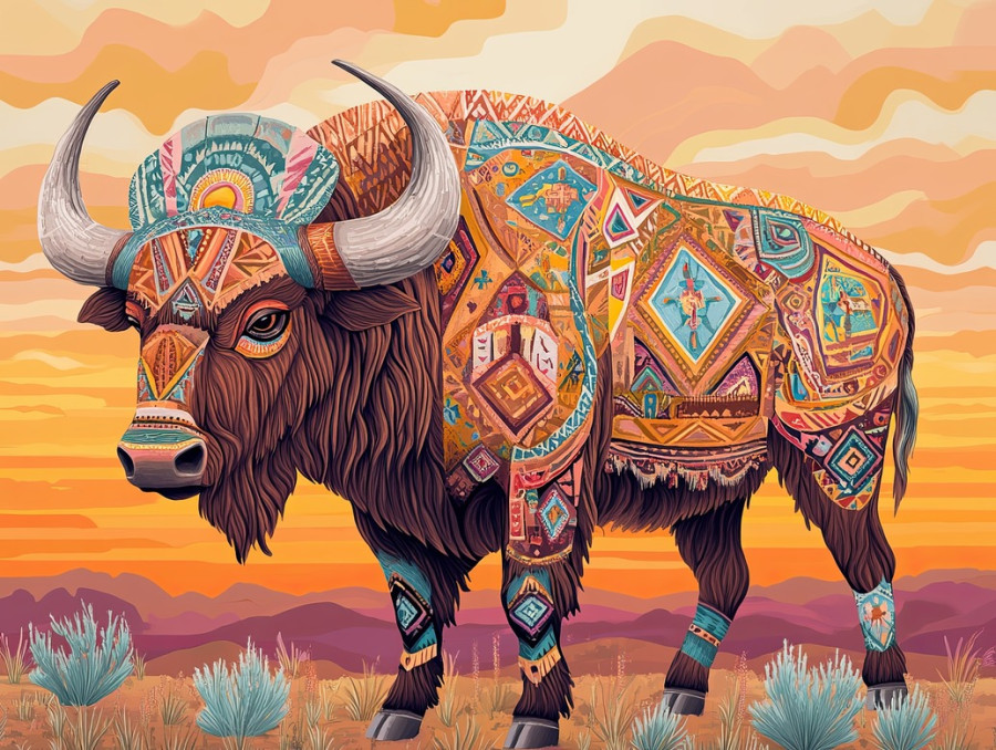 Buffalo roam the open plains with a kachina doll nearby, symbolizing hopi kachinas and sacred animal spirits, rolling grasslands stretch under the endless sky