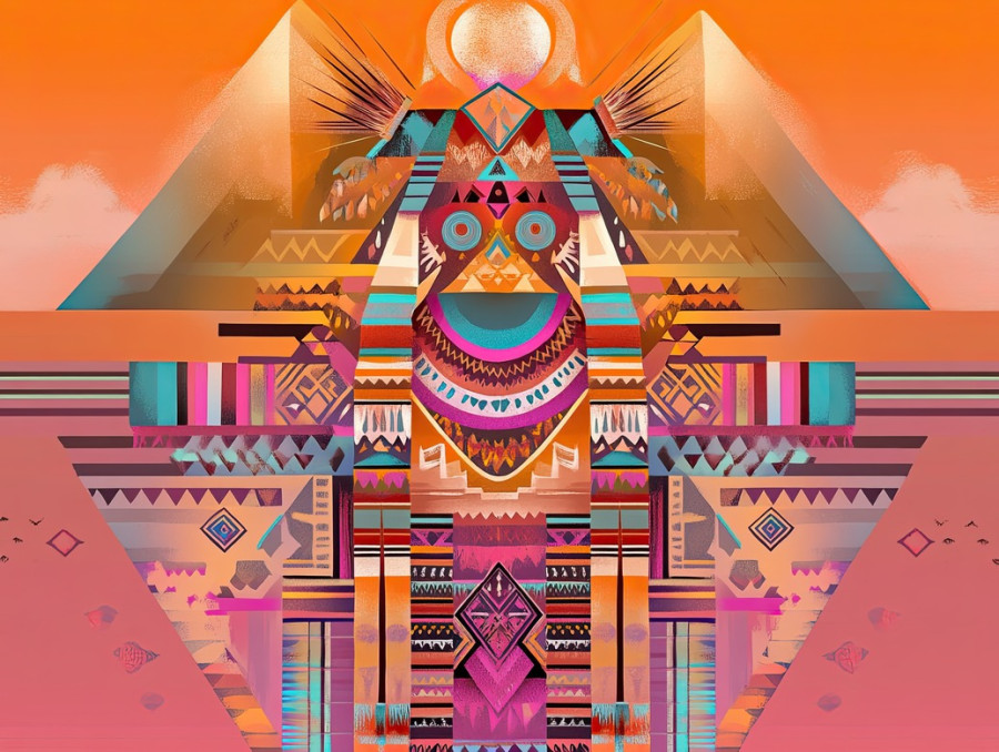 A sacred mountain rises in the distance as a kachina doll stands before it, representing hopi kachinas and spiritual guardians, misty peaks meet the golden horizon