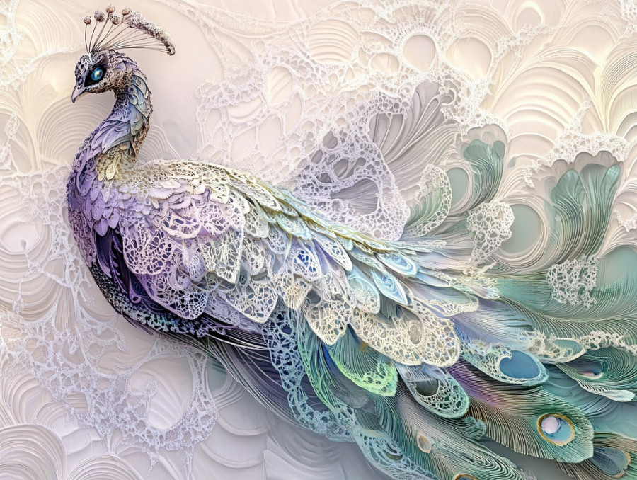 Elegant peacock with detailed lace feather patterns inspired by vamberk lace, showcasing intricate textures and delicate design in a graceful pose