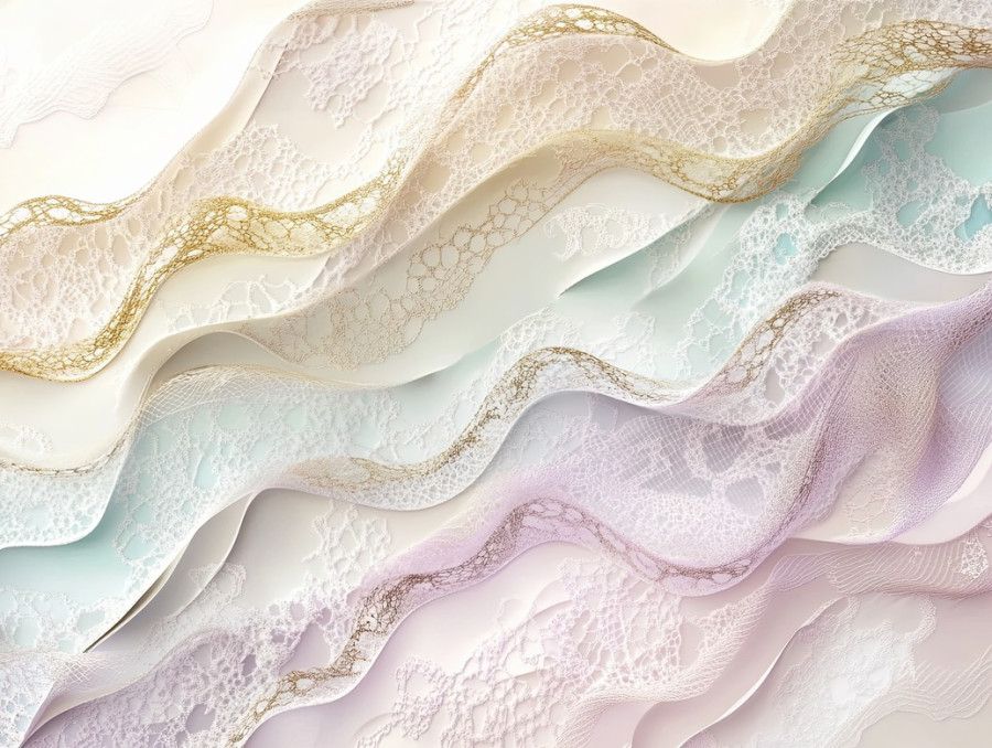 Ocean waves curling into delicate lace patterns, forming artistic textures inspired by vamberk lace, blending nature with traditional craftsmanship