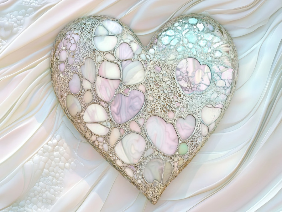 Heart with lace patterned veins, symbolizing love and fragility, inspired by vamberk lace, featuring intricate filigree and delicate artistic detail