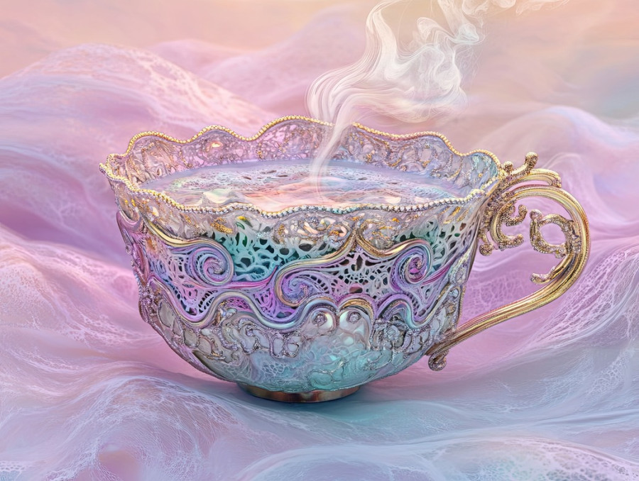 Teacup releasing steam in swirling lace inspired patterns, reflecting the elegance of vamberk lace with intricate details in a cozy and artistic setting