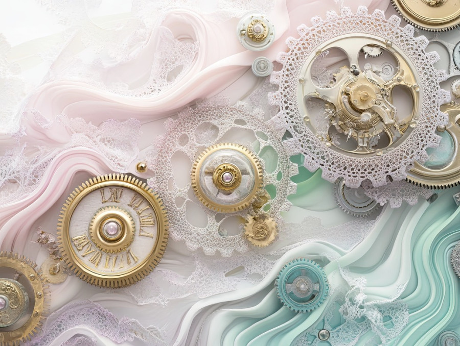 Clockwork gears decorated with lace patterns, merging mechanical precision with delicate vamberk lace artistry in a unique fusion of industry and tradition