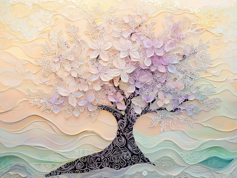 Blooming tree framed by intricate lace designs, inspired by vamberk lace, blending nature with elegant handmade craftsmanship in a decorative scene