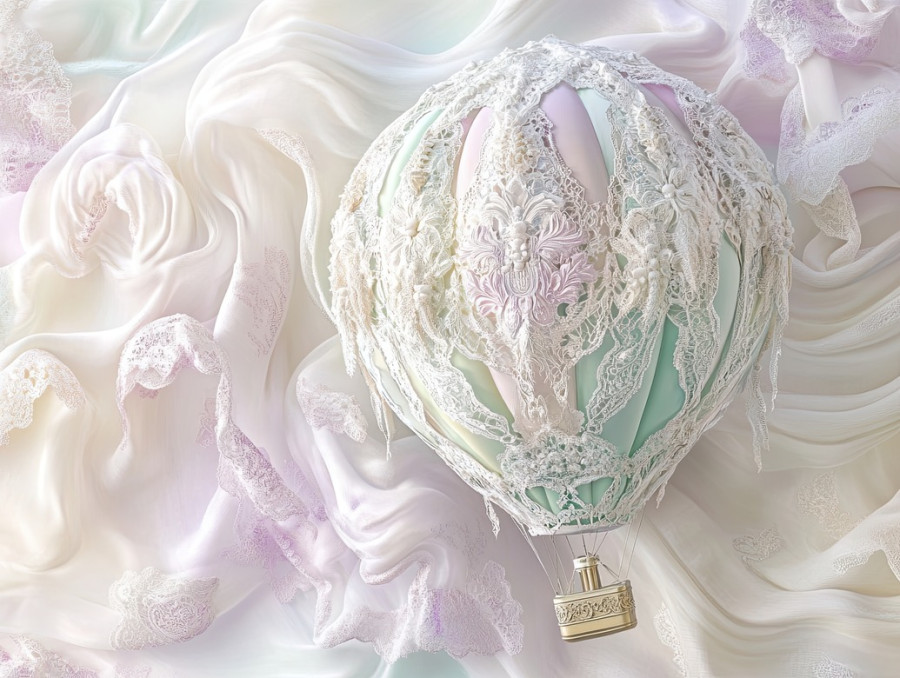Hot air balloon wrapped in lace like netting, floating gracefully with intricate vamberk lace details, blending vintage elegance with adventure