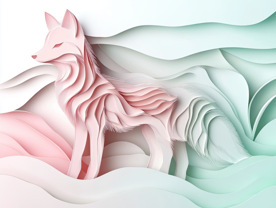 A fox silhouette with delicate paper cut fur, crafted in kirigami style, intricate 3d kirigami details create a lifelike effect, perfect for nature and flower kirigami inspired designs