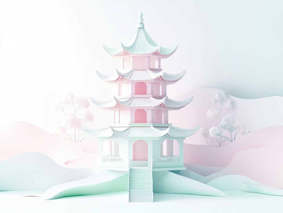 A pagoda with layered paper cut edges, designed in kirigami, each tier features precise 3d kirigami craftsmanship, capturing traditional architecture, ideal for flower kirigami decor
