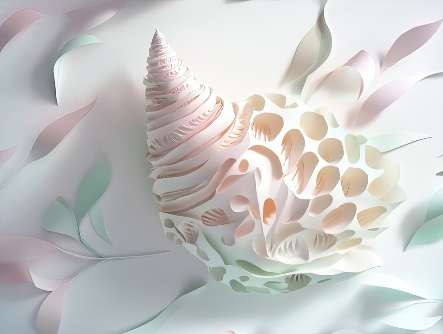 A seashell with finely carved patterns, formed using kirigami, detailed 3d kirigami cuts mimic natural textures, making it a great fit for ocean and flower kirigami themes