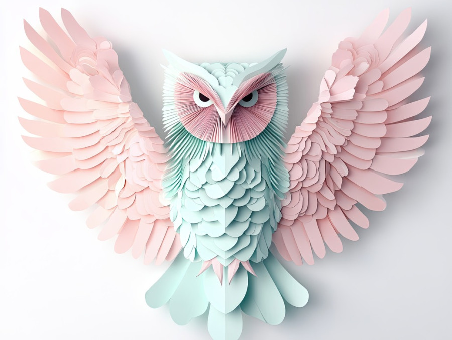 An owl with intricate cut out feather details, crafted in kirigami, the 3d kirigami layers enhance realism, making it perfect for wildlife and flower kirigami inspired artwork