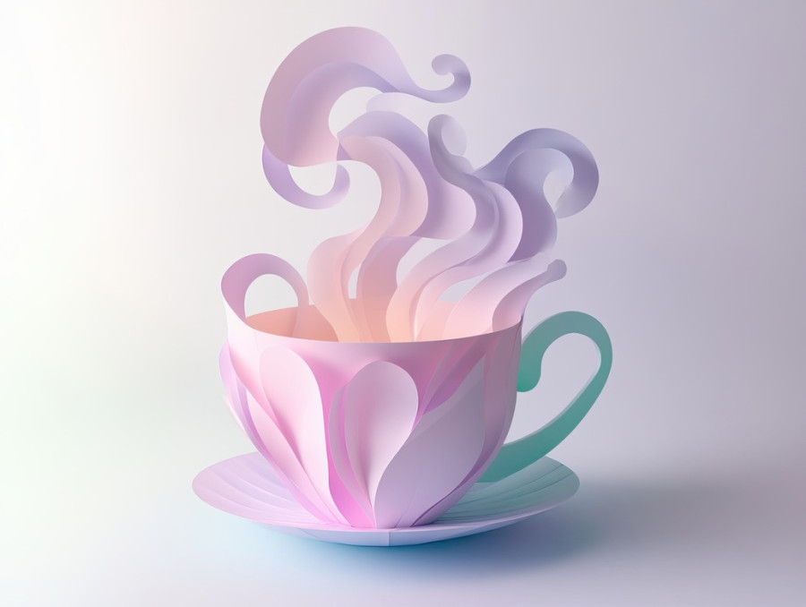 A teacup with swirling steam cut from paper, created in kirigami style, the 3d kirigami details add depth, making it a charming addition to flower kirigami art collections