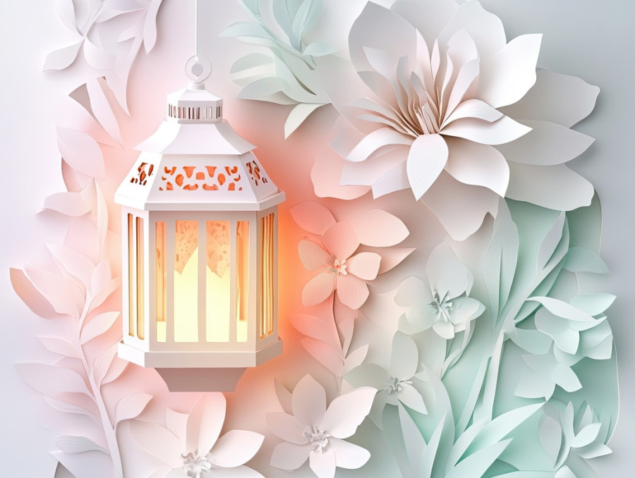 A lantern glowing through cut paper patterns, designed in kirigami, the 3d kirigami details give a soft, intricate glow, ideal for festive and flower kirigami themed decorations