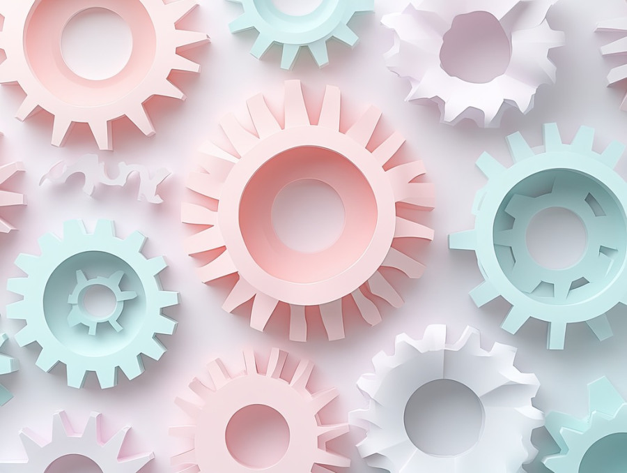 Gears layered like interlocking paper cutouts, formed using kirigami, the 3d kirigami design creates depth, making it perfect for mechanical and flower kirigami inspired art