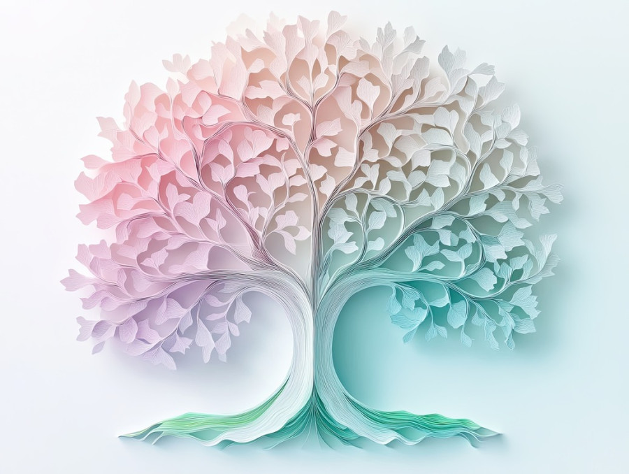 A tree with intricately carved branches, crafted in kirigami, the 3d kirigami layers create a lifelike effect, great for nature inspired and flower kirigami art pieces