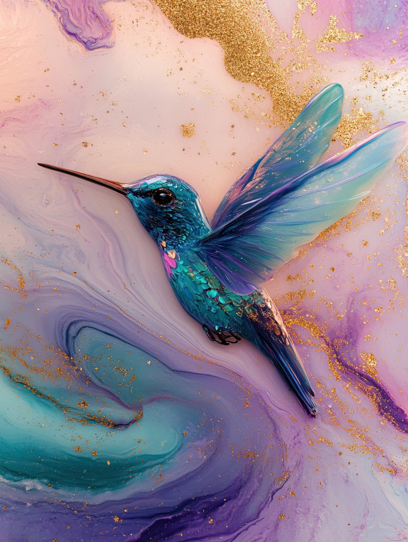A hummingbird frozen in resin with gold flecks, shimmering details enhancing its tiny feathers, elegant craft resin artwork, resin painting for nature lovers