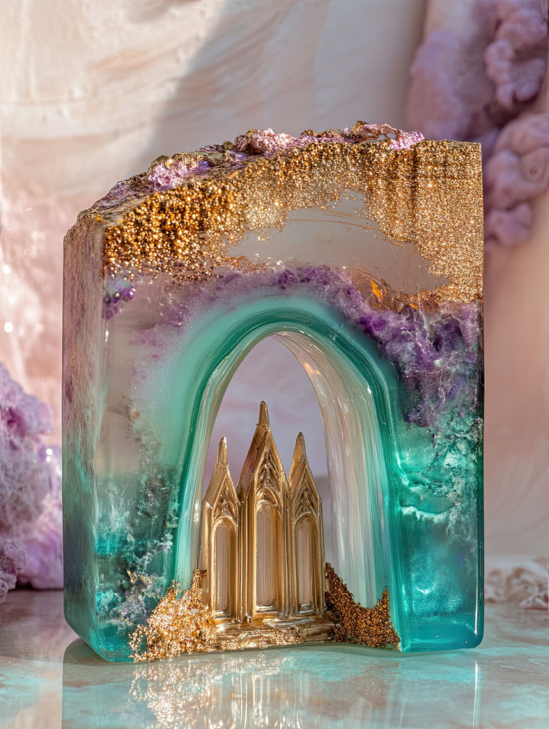 A miniature cathedral layered in resin, creating a stunning 3d effect, transparent layers add depth and elegance, craft resin and resin painting with fine details