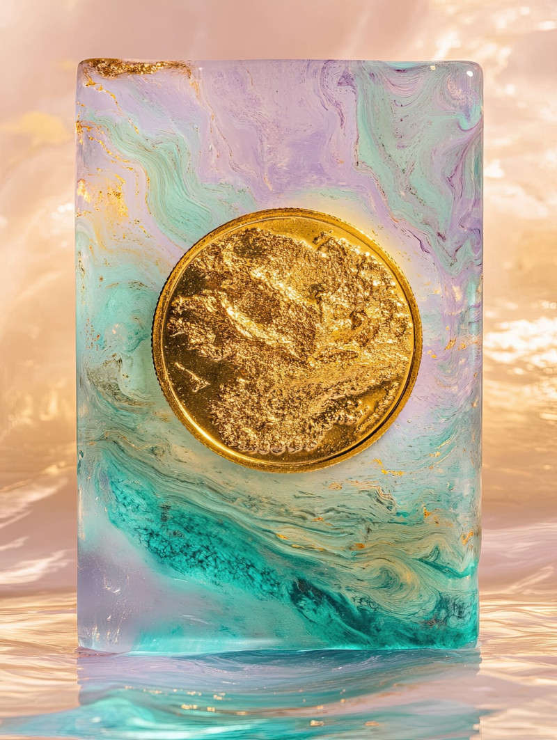 A resin coated golden coin with shimmer, gleaming under the light, captivating craft resin piece preserving elegance and history, resin art for collectors