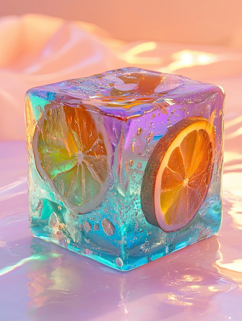 A resin ice cube with fruit slices inside, vibrant colors and textures frozen in time, unique craft resin artwork blending nature and design, resin painting inspiration