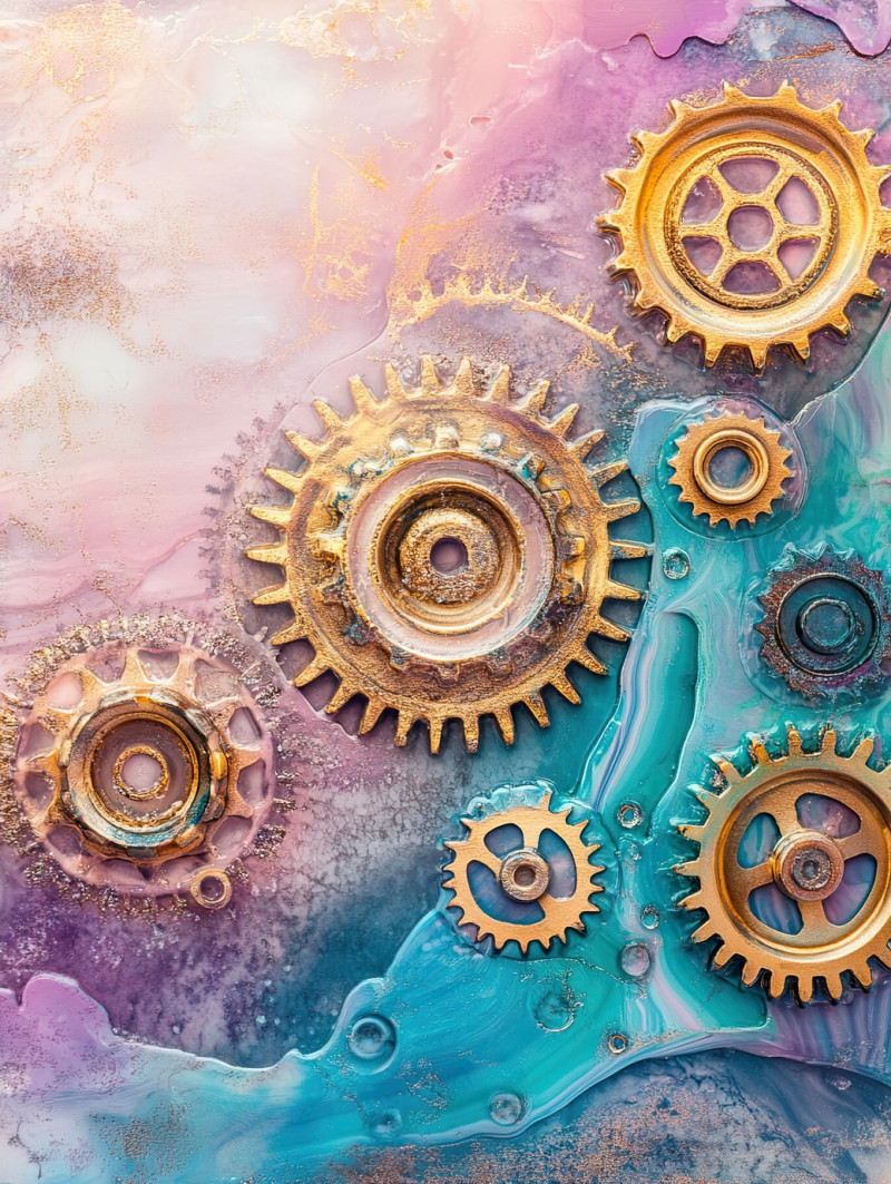 Metallic gears suspended in resin layers, a fusion of industry and art, transparent layers enhance mechanical details, craft resin for steampunk lovers, resin painting inspiration