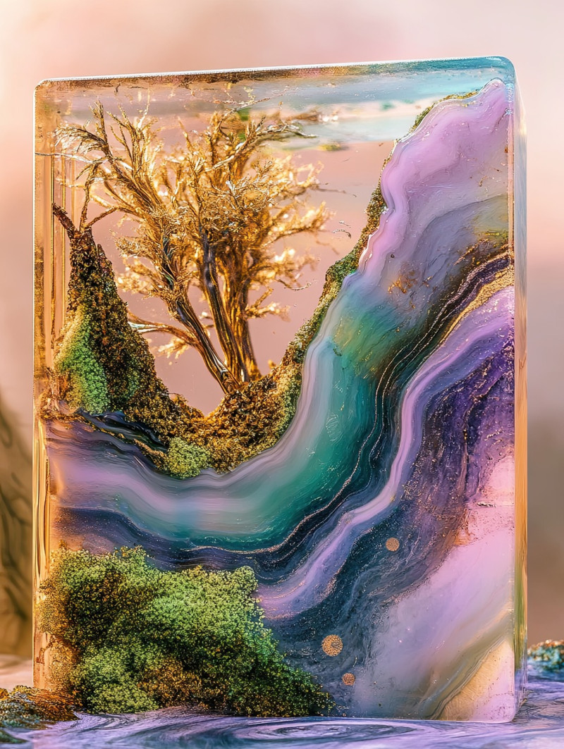 A resin river with moss and wood, nature’s elements preserved in clear resin, beautiful craft resin artwork capturing organic textures, resin painting with earthy charm