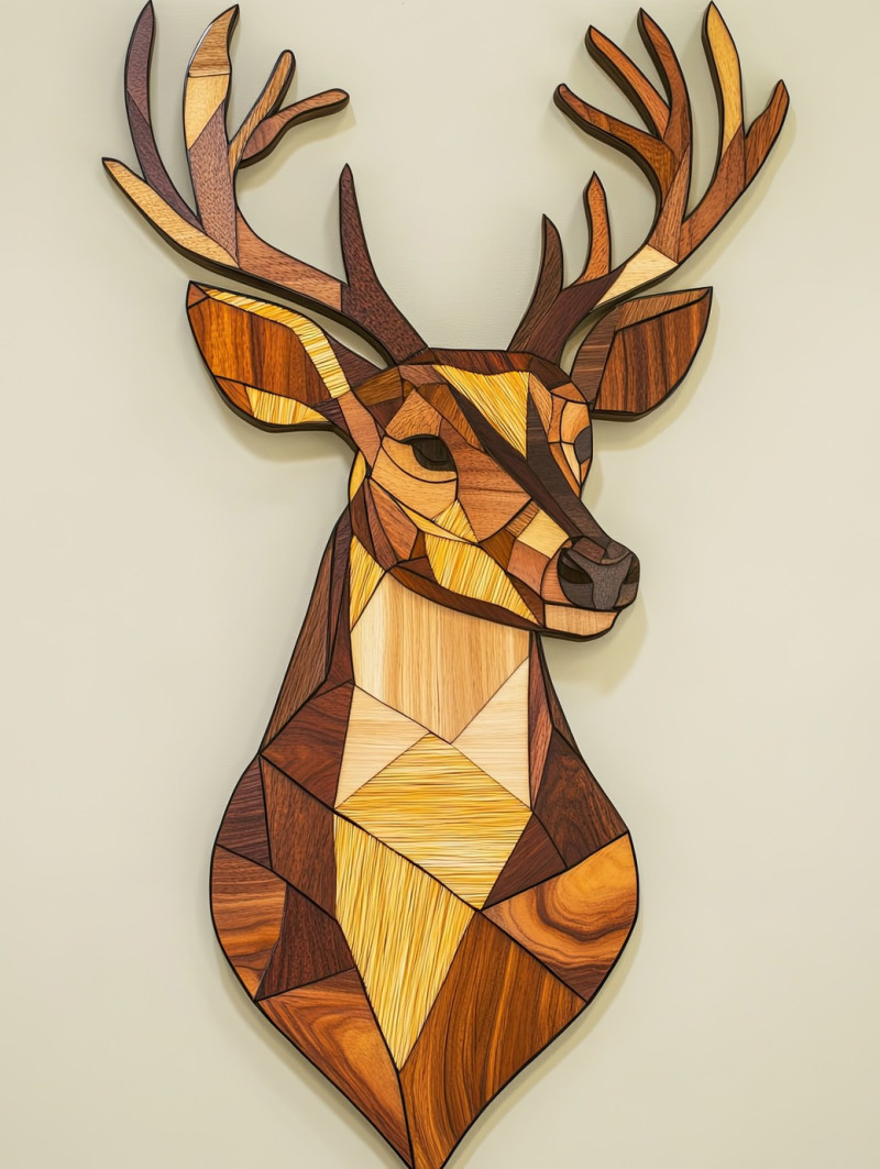 A deer crafted with intricate marquetry wood inlays, showcasing delicate patterns and natural textures, fine craftsmanship highlights the beauty of marquetry inlay artistry