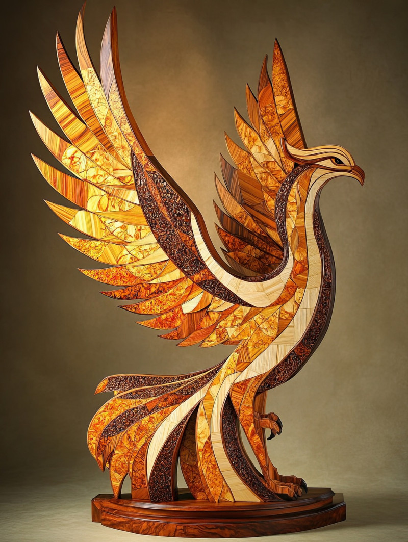 A phoenix with detailed marquetry wood inlays, featuring flowing feathers and elegant patterns, the marquetry inlay technique creates a stunning wooden artwork of the mythical bird