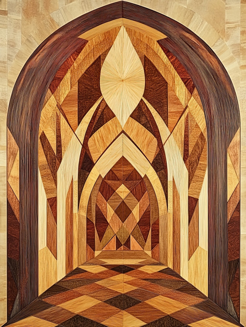 A cathedral faÃ§ade depicted in fine marquetry wood inlays, showcasing architectural details and layered textures, marquetry inlay enhances the intricate structure with precision