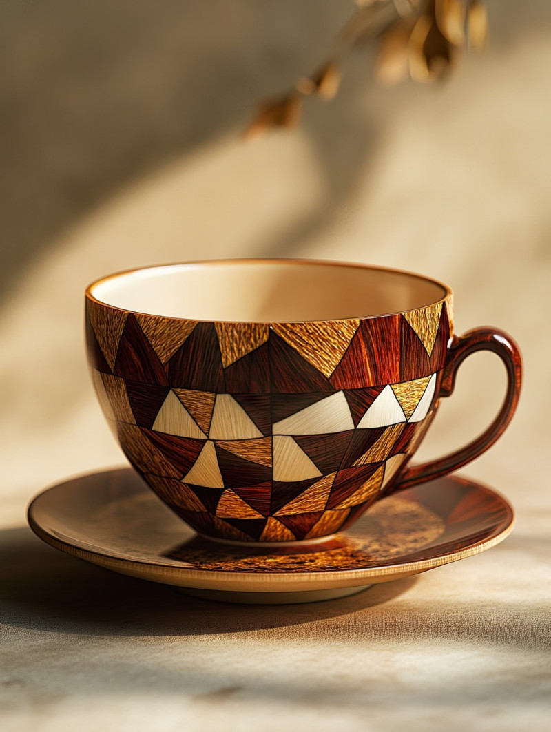 A teacup with swirling marquetry wood inlays, featuring elegant curves and refined details, marquetry inlay adds intricate craftsmanship to the wooden beverage themed artwork