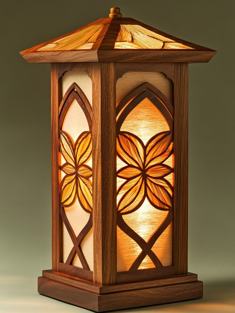 A wooden lantern with intricate marquetry wood cut inlays, showcasing elegant patterns and fine detailing, marquetry inlay enhances the design with artistic craftsmanship