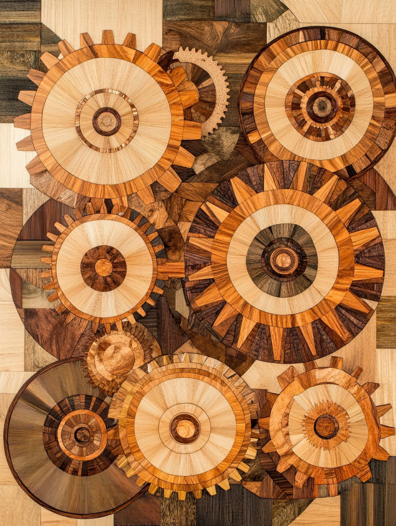 Interlocking gears crafted with precise marquetry wood inlays, displaying mechanical elegance and fine detailing, marquetry inlay enhances the intricate wooden gear design