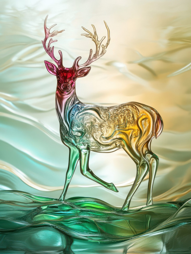 A deer intricately etched within layered graal glass, creating a stunning orrefors graal effect, elegant craftsmanship highlights the delicate details of nature in a unique orrefors graal vase
