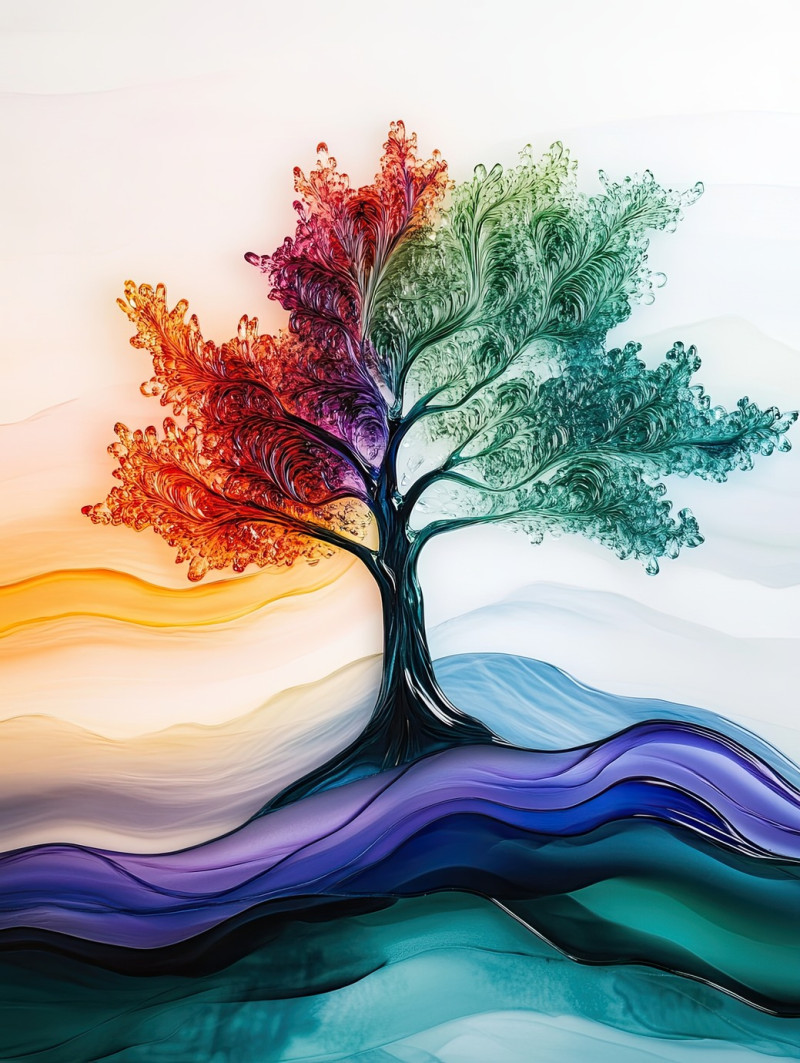 A tree emerging through misty, layered graal glass effects, evoking a dreamy forest scene, the orrefors graal technique enhances the texture and depth of this elegant orrefors graal vase