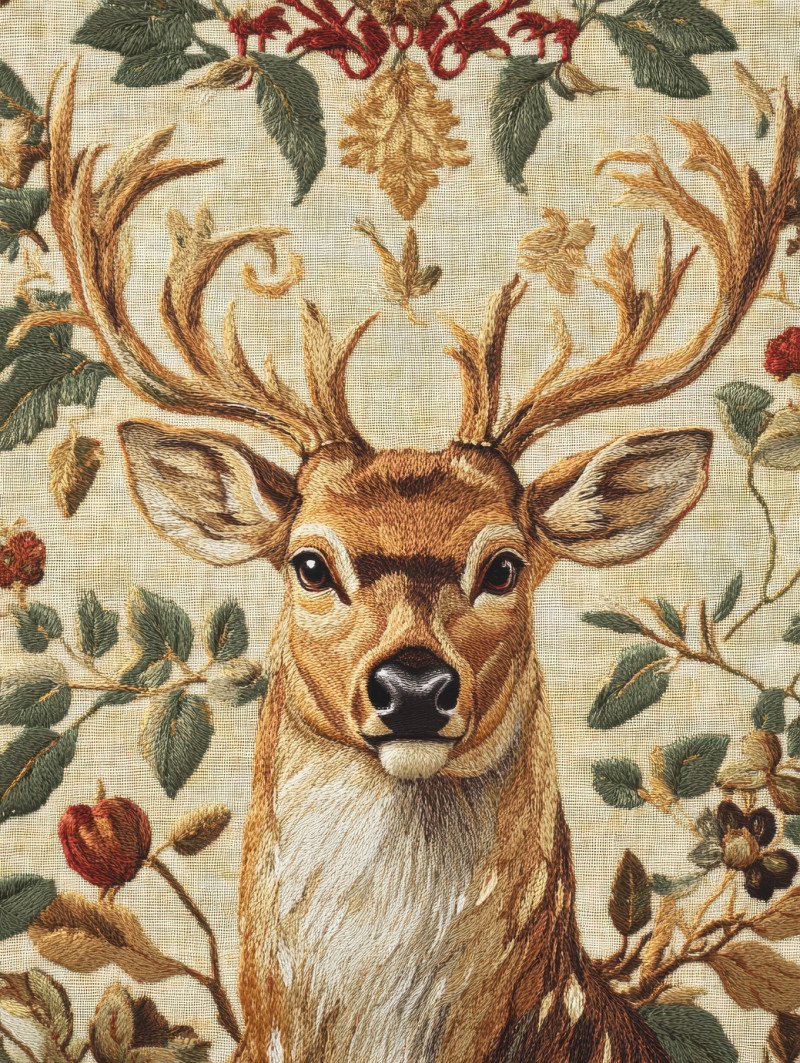 Majestic deer woven with rich golden threads, intricate gobelin tapestry showcasing fine gobelin weaving, detailed texture from gobelin looms, elegant wildlife textile art