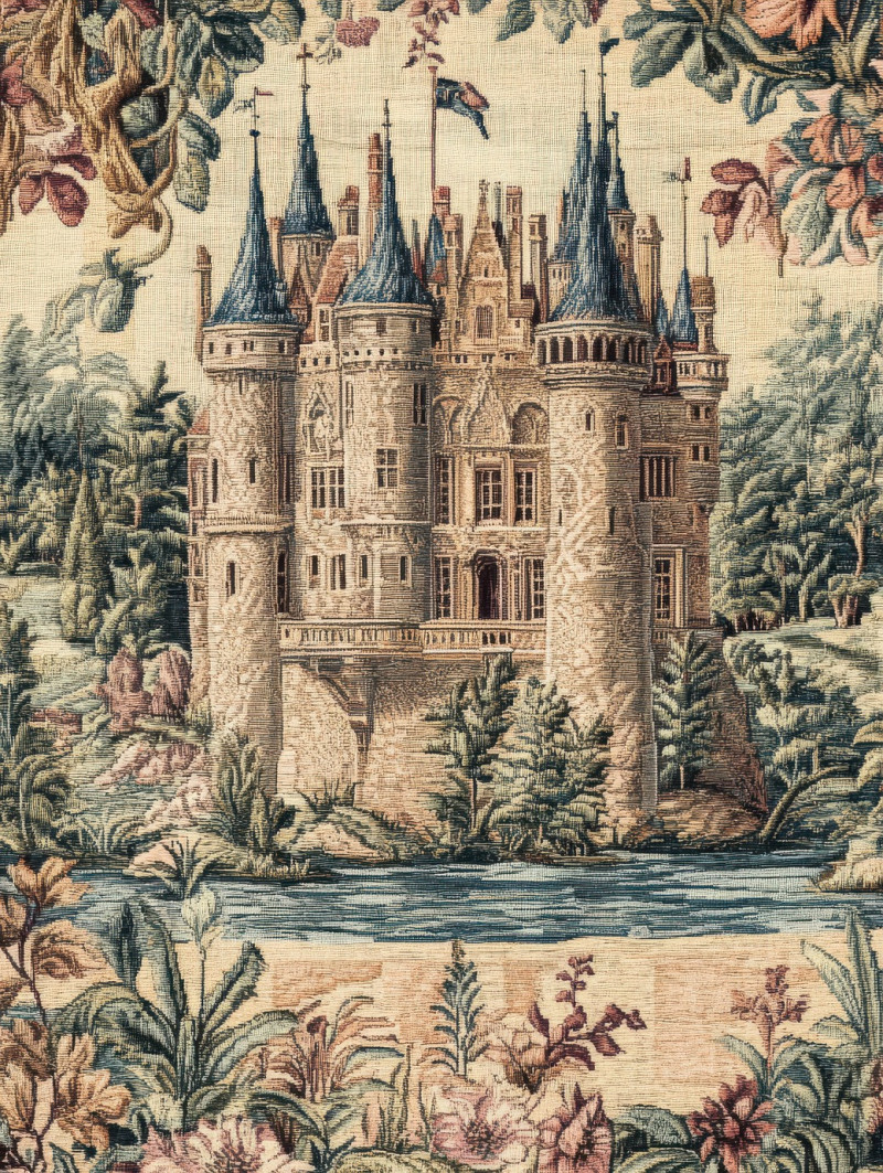 Medieval castle stitched in fine detail, classic gobelin tapestry featuring intricate gobelin weaving, historical architecture in woven textures from gobelin looms