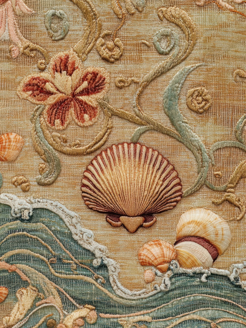 Rolling waves and seashells in woven textures, artistic gobelin tapestry depicting ocean patterns, intricate gobelin weaving from gobelin looms, sea inspired textile art